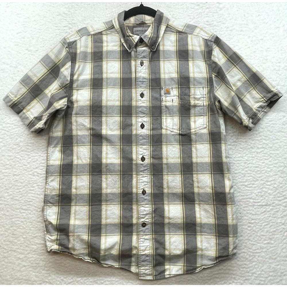 Carhartt Shirt Mens Medium White Yellow Plaid Relaxed Fit Button Down Workwear